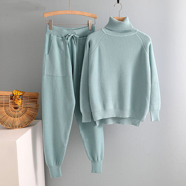 Pieces Set Women Knitted Tracksuit Turtleneck