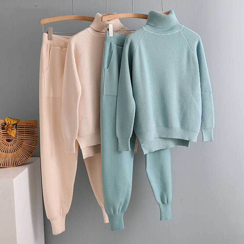 Pieces Set Women Knitted Tracksuit Turtleneck