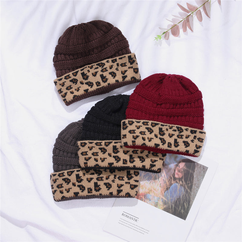 Leopard Print Cuffed Acrylic Knitted Hat