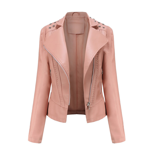 Women Slim Fit Stand Collar Leather Jacket